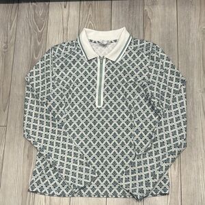 Sigrid Olsen White/Green Geometric Gilf Long Sleeve Polo Shirt 1/2 Zip Size L